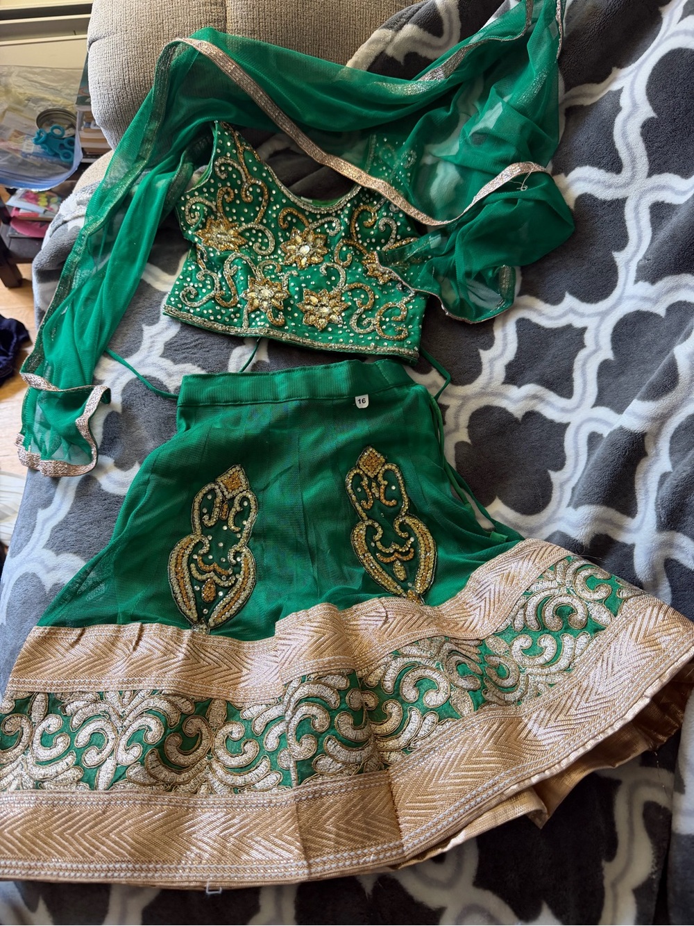 Green Embellished Lehenga Set with Gold Trim